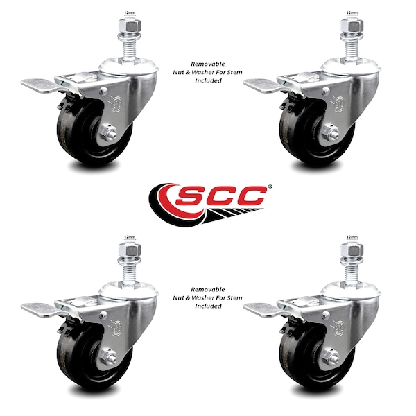 3.5 Inch Phenolic Swivel 12mm Threaded Stem Caster Set with Total Lock Brake